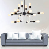 Industrial Style Black Metal Chandelier - 16 Bulbs, 4-Sided Ceiling Hang Light for Living Room